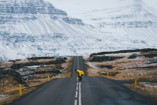 Skater in the Icelandic Landscape in front of a mountain