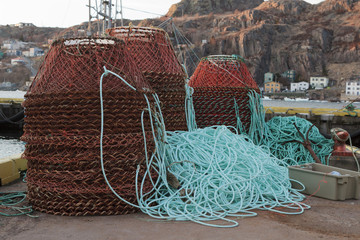 Carb pots ready to be loaded onto fishing boats at the start of the carb fiahery in Newfoundland and Labrador, Canada.