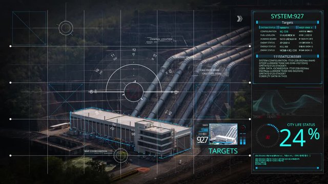 Animation of digital security drone or camera scanning computer graphic interface lock on industrial construction site to prevent terrorist attack. Computer scan on factory in military observation.