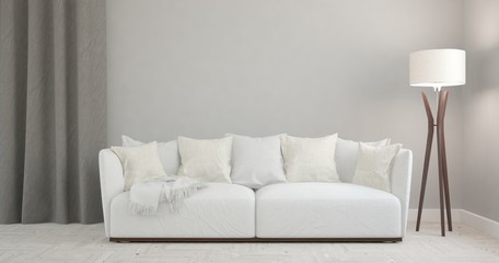 White modern room with sofa. Scandinavian interior design. 3D illustration