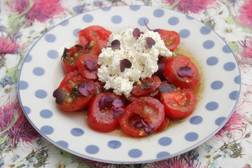 frischer Sommersalat mit Tomaten und Kresse mit Fetakäse