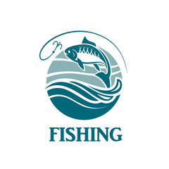 illustration of fishing emblem with waves and hook

