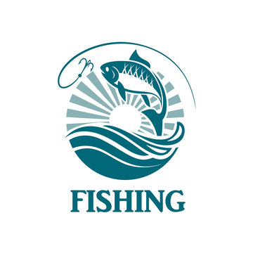 illustration of fishing emblem with waves and hook
