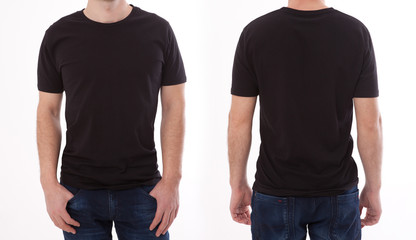 Shirt design and people concept - close up of young man in blank black tshirt front and rear isolated. Mock up template for design print