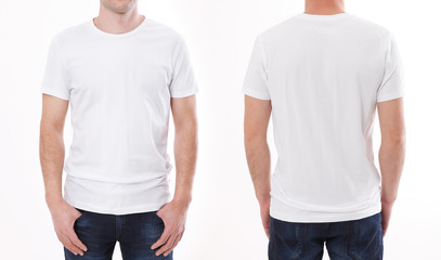 t-shirt design and people concept - close up of young man in blank white t-shirt, shirt front and...