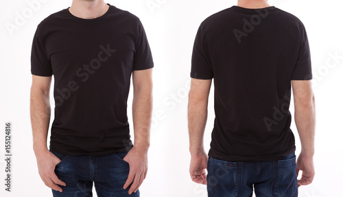 Download Shirt Design And People Concept Close Up Of Young Man In Blank Black Tshirt Front And Rear Isolated Mock Up Template For Design Print Wall Mural Missty