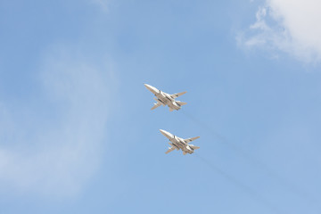 Russian fighters in the sky on the feast of victory day on 9 may