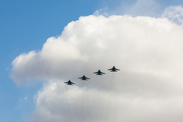 Russian fighters in the sky on the feast of victory day on 9 may