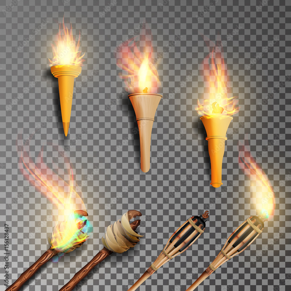 Poster torch with flame. realistic fire. realistic fire torch isolated on transparent background. vector il