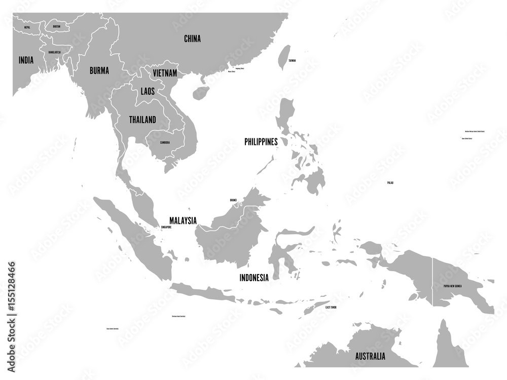 Canvas Prints South East Asia political map. Grey land on white background with black country name labels. Simple flat vector illustration. - Canvas Prints