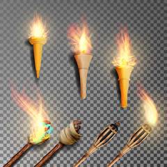 Fototapeta premium Torch With Flame. Realistic Fire. Realistic Fire Torch Isolated On Transparent Background. Vector Illustration