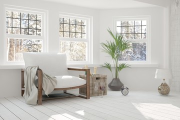 White room with armchair and winter landscape in window. Scandinavian interior design. 3D illustration