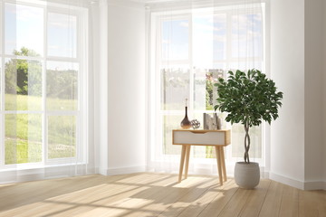 White empty room with green landscape in window. Scandinavian interior design. 3D illustration