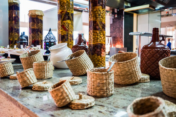 Dubai. Summer 2016. Breakfast at the hotel . Breakfast buffet. Buffet catering food arrangement on table.
