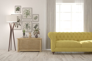 White modern room with sofa. Scandinavian interior design. 3D illustration