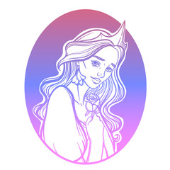 Vector illustration with queen of hearts. Girl with a rose and a crown.