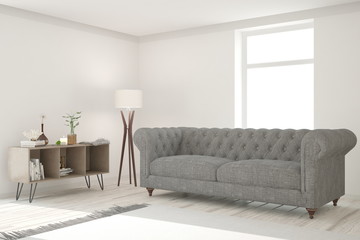 White modern room with sofa. Scandinavian interior design. 3D illustration
