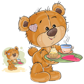 Vector illustration of a loving brown teddy bear carrying a tray with breakfast and a valentine lying on it. Print, template, design element