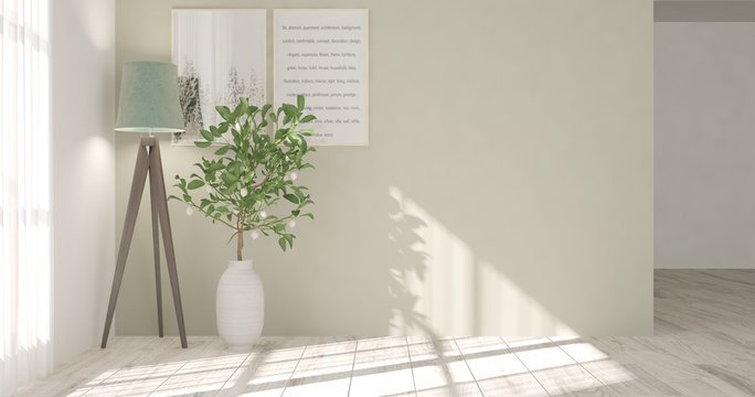 White modern room with lamp. Scandinavian interior design. 3D illustration