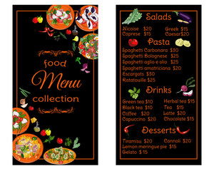 Vertical restaurant menu with hand drawn dishes and ingredients. Food menu collection.