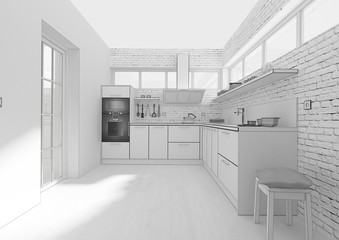 Kitchen interior grid 3D rendering