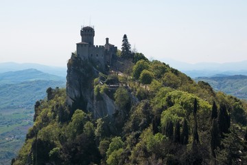 Aerial view of Cesta and The Montale on the cliff edge on Mount Titano