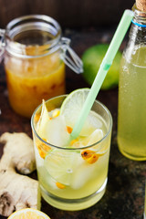 Ice lemonade with lime, lemon and ginger.