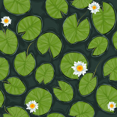 Бесшовная векторная текстура пруда с белыми цветущими кувшинками и зелеными листьями, вид сверху