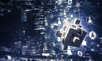 Concept of Internet and networking with digital cube figure on d