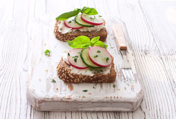 Toasts with rye bread, ricotta , cucumber and radish
