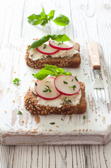 Toasts with rye bread, ricotta and radish