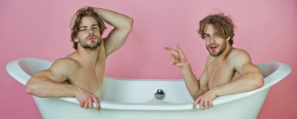 gay men or twins with muscular torso in bath, lgbt - obrazy, fototapety, plakaty