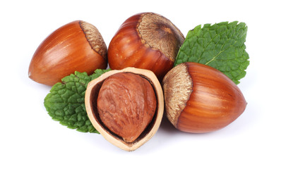 hazelnuts with green leaf isolated on white background