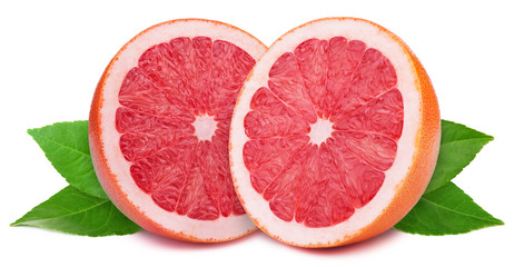 Perfectly retouched sliced halves of grapefruits with leaves isolated on the white background with clipping path