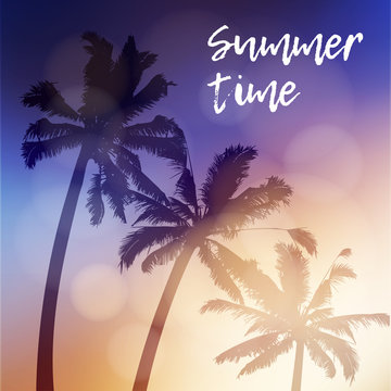 Summer time greeting card, invitation. Silhouette of palm trees again the sky during the beautiful sunset. Tropical jungle design. Vacation concept. Vector illustration background.