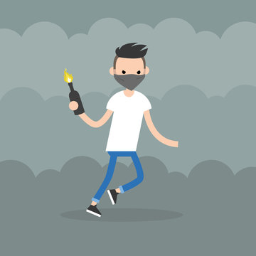 Angry man wearing a face mask holding a bottle with Molotov cocktail. Flat editable vector illustration, clip art
