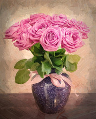 Retro, vintage pink rose. Art in oil painting style.