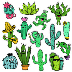 Colorful Set Of Funny Cactus Characters.
