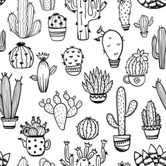 Sketch Seamless Pattern Of Cactus.