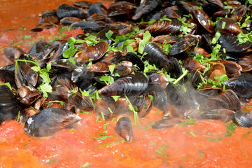Cooking mussels with garlic,wine, tomato sauce and parsley