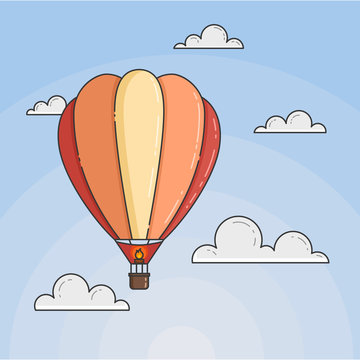 Hot air balloon in blue sky with clouds under the sea for travel agency, motivation, business development, greeting card, banner