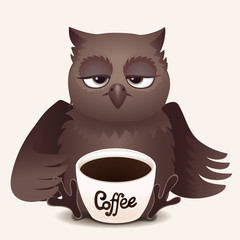 Cute cartoon sleepy owl with cup of coffee