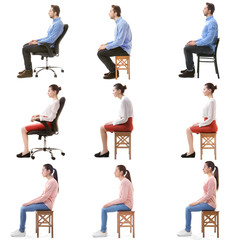Rehabilitation concept. Collage of people with poor and good posture sitting on chair against white...