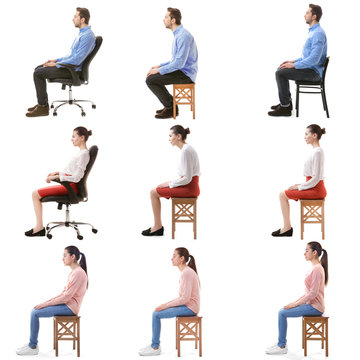 Rehabilitation Concept. Collage Of People With Poor And Good Posture Sitting On Chair Against White Background