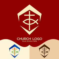Church logo. Cristian symbols. Cross and fish