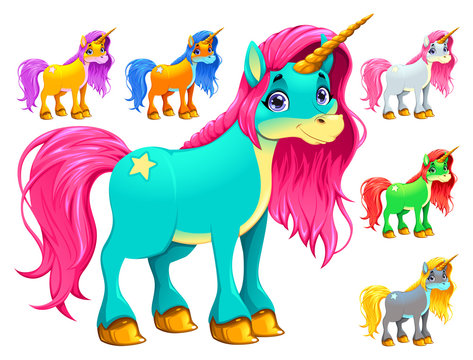 Set of cartoon unicorns