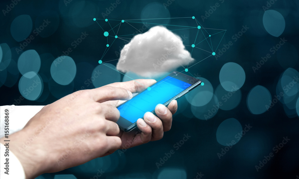 Poster man hand phone with cloud computing concept