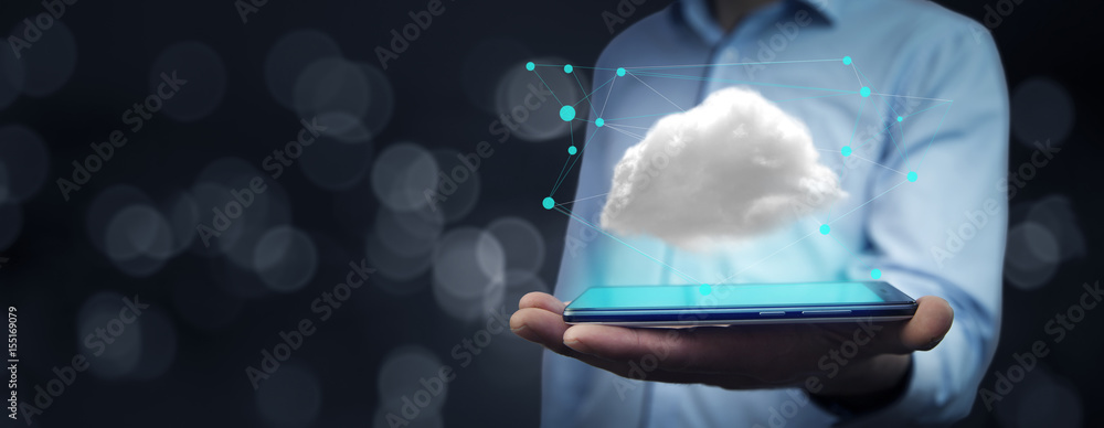 Poster man hand phone with cloud computing concept