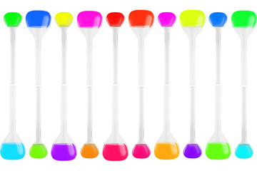 Fototapeta premium Test-tubes of different shapes with multi-colored liquids isolated on white background. Medicine, Chemistry. Horizontal frame