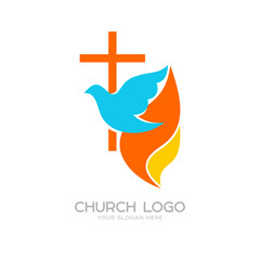 Church logo. Cristian symbols. The cross of Jesus, the dove and the flame